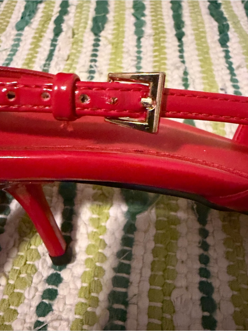 Red Patent Kitten Heels with Gold Buckle Straps - Picture 3 of 4